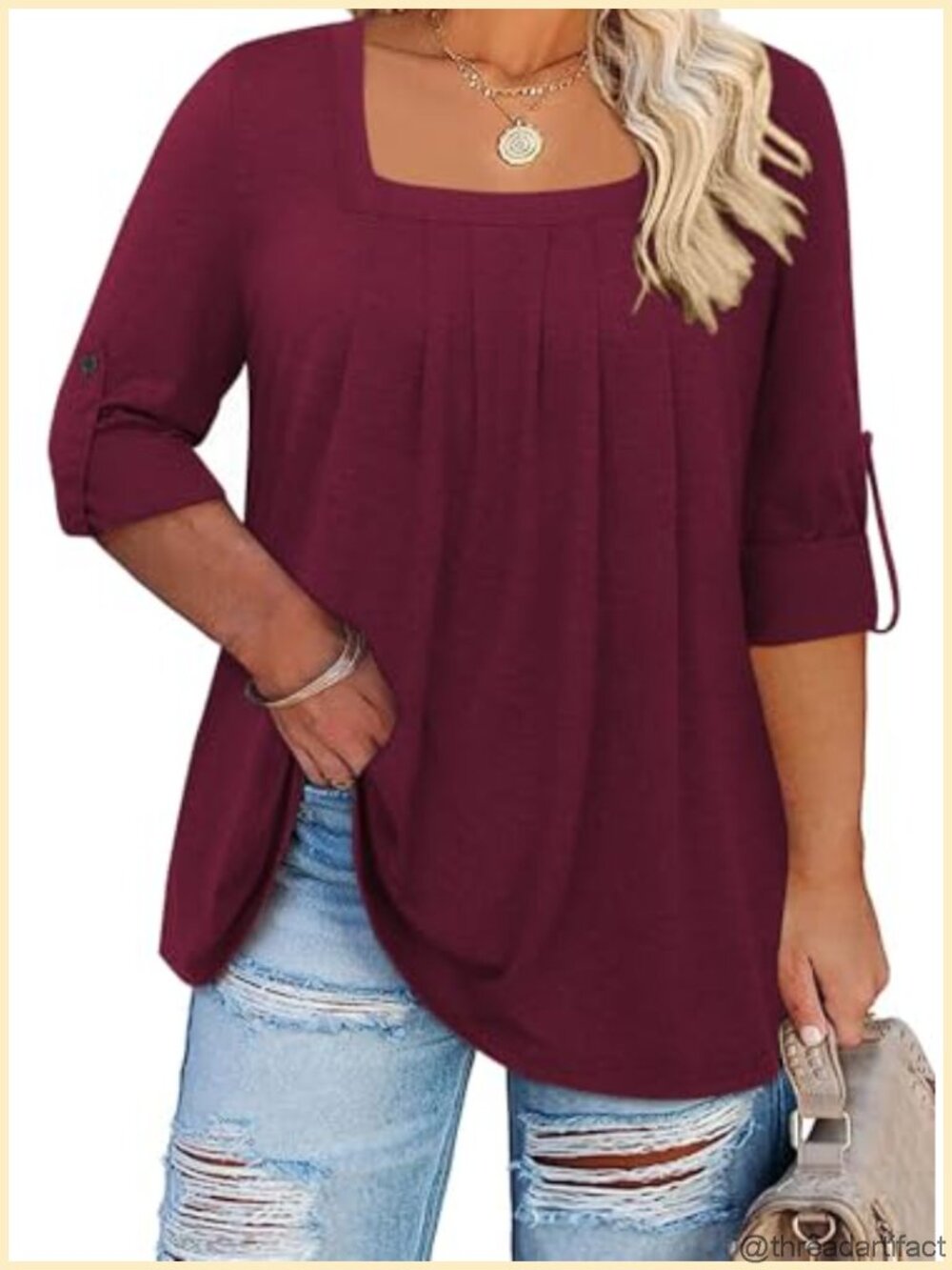 Plus Size 3/4 Sleeve Square Neck Tunic Top Work Blouse